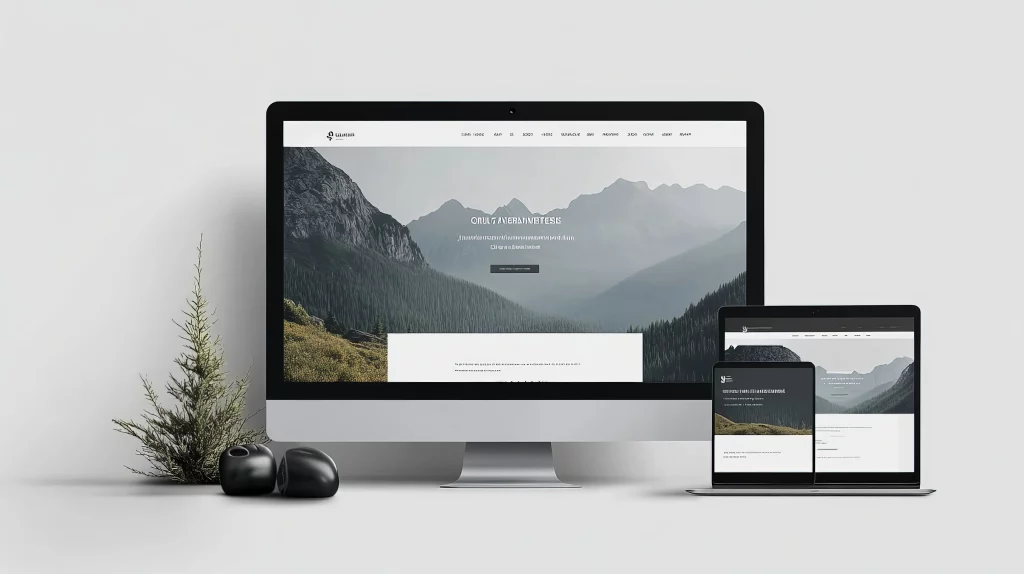 Beispielbild einer Webseite auf verschiedenen Endgeräten, wie Desktop, Tablet und Smartphone. Im Vordergrund steht ein kleiner Tannenbaum und die Webseite zeigt Bäume und Wälder mit weitem Blick.