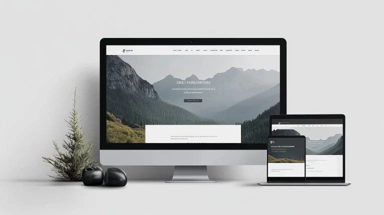 Beispielbild einer Webseite auf verschiedenen Endgeräten, wie Desktop, Tablet und Smartphone. Im Vordergrund steht ein kleiner Tannenbaum und die Webseite zeigt Bäume und Wälder mit weitem Blick.