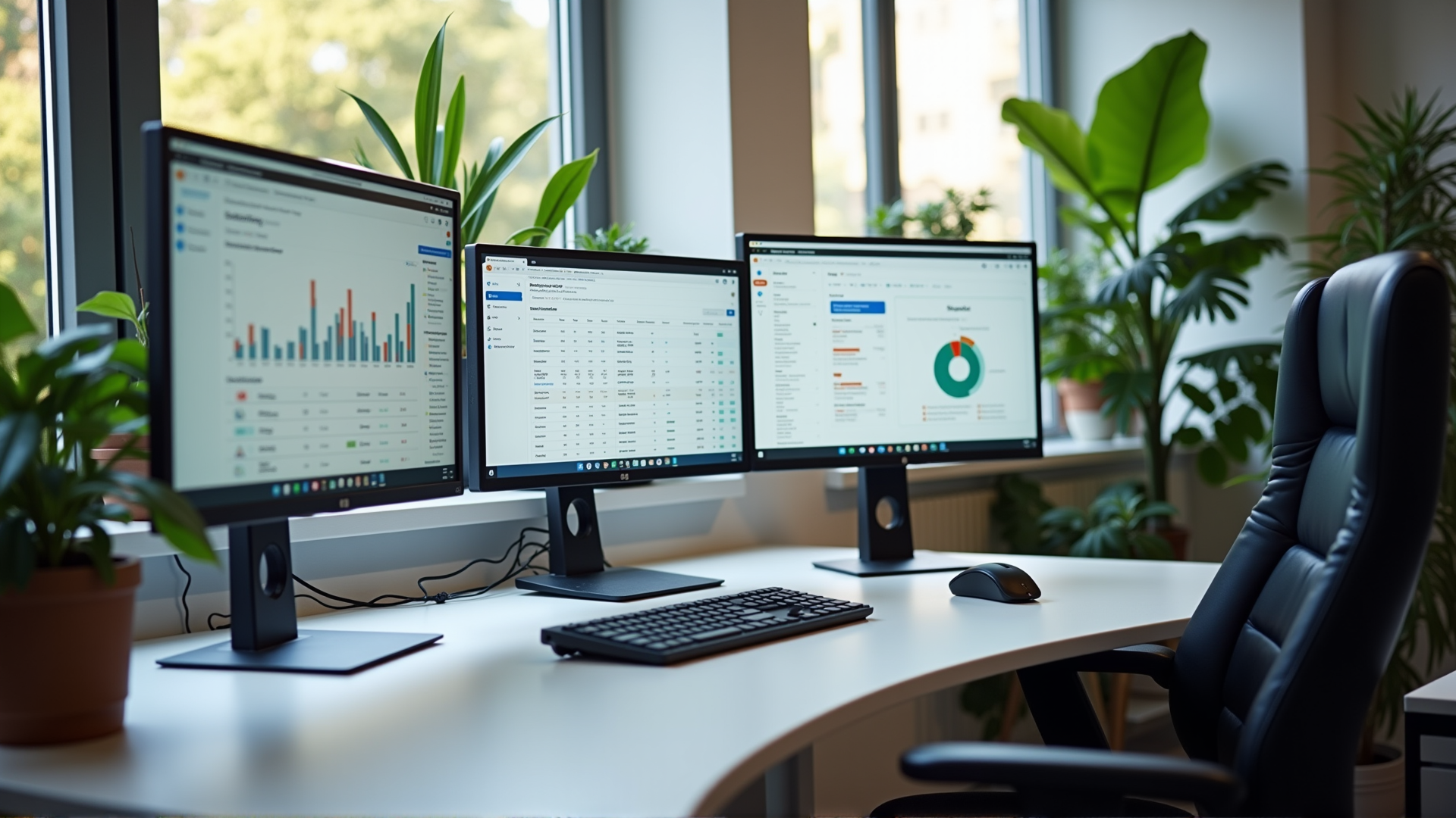 Home-Office mit mehreren Monitoren, Dashboards, Analytics und produktiver Umgebung mit natürlichem Licht