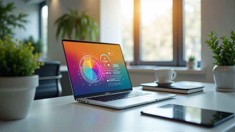 Modernes Büro mit Laptop und KI-Interface für Bildgenerierung