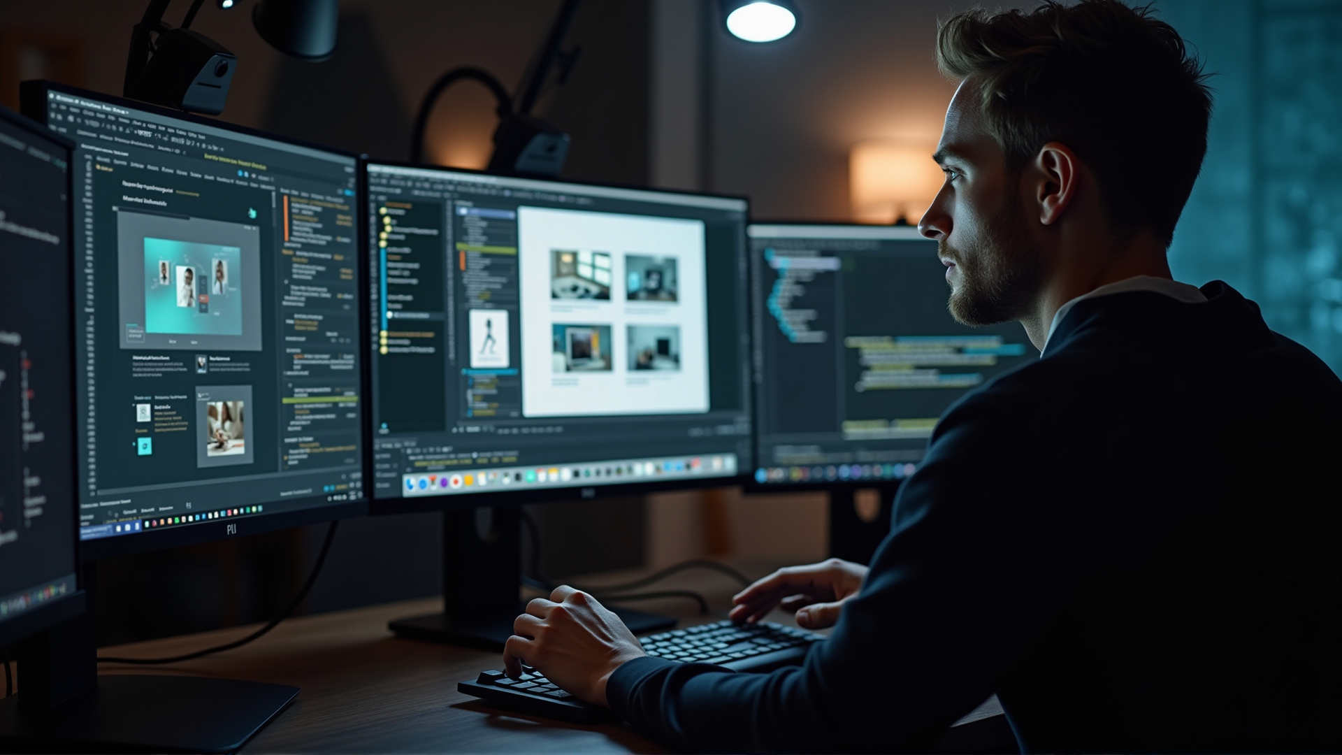 Designer arbeitet an mehreren Bildschirmen mit KI-generierten Bildern und Design-Templates