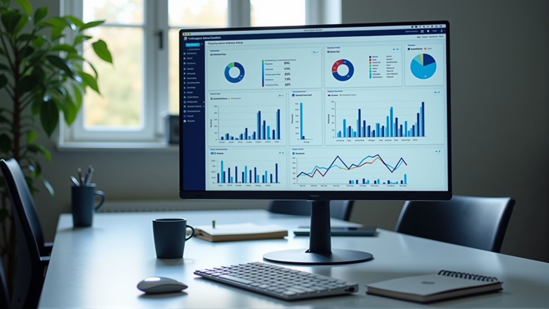 Professioneller Büroarbeitsplatz mit Analytics-Dashboard und Datenvisualisierungen auf dem Monitor