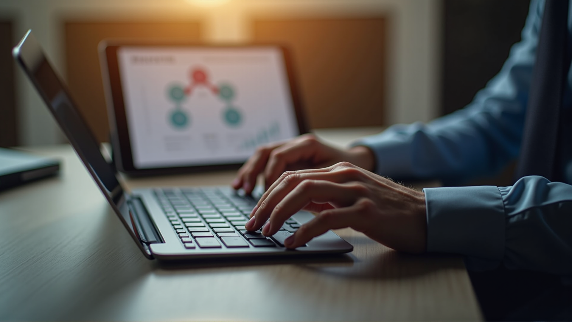 Hände auf Tastatur mit KI-Automation-Workflow auf Tablet