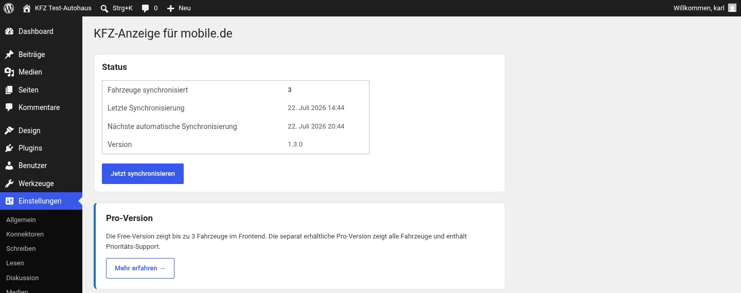 Status-Uebersicht im WordPress-Admin mit Synchronisierungs-Button