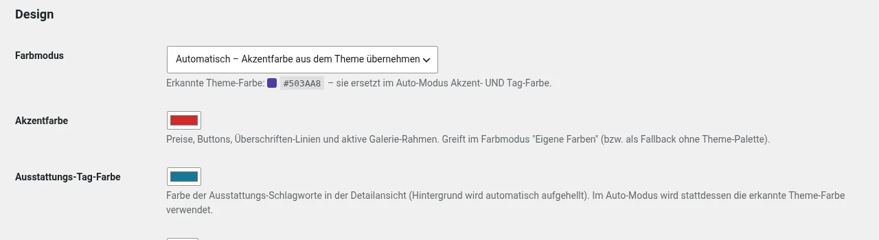 Design-Einstellungen im WordPress-Admin mit Auto-Farbmodus