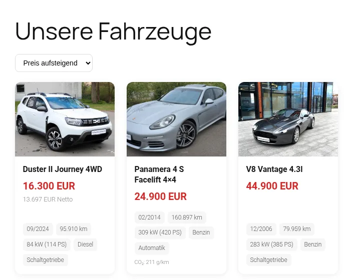 Fahrzeugliste mit mobile.de-Bestand auf einer WordPress-Website