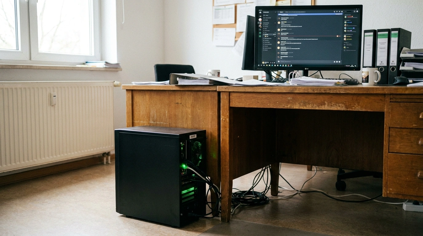Lokaler KI-Server neben einem Schreibtisch in einem deutschen Büro